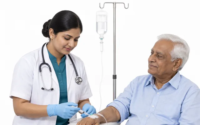 A nurse in gloves tending an older man’s IV drip